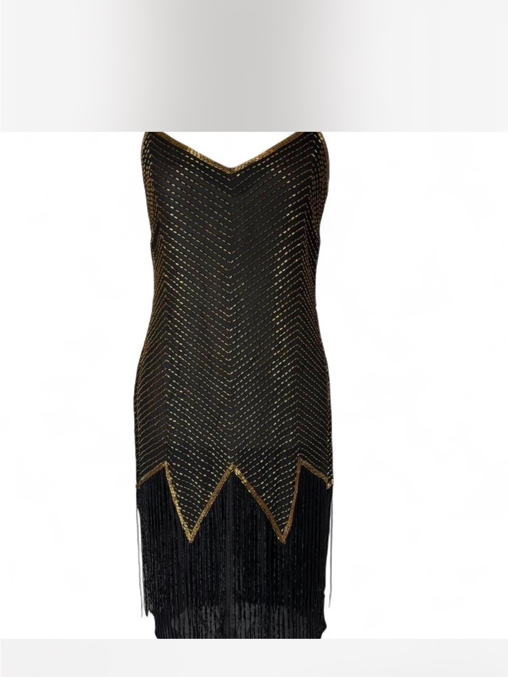 Black & Gold Beaded Fringe V-Neck Evening Dress